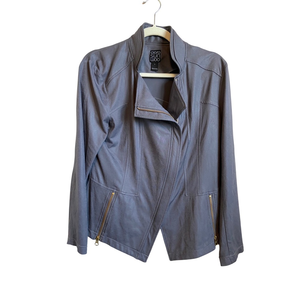 Clara Sun Woo Liquid Leather Grey Zip Moto Jacket Gold Hardware Size L